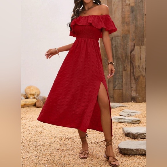 Red Off Shoulder Dress Midi with Side Leg Slit - Picture 2 of 7